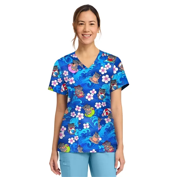 Cherokee - Genuine - Women's 2-Pocket Print V-Neck Scrub Top... from ASI 86018 Scrub Authority