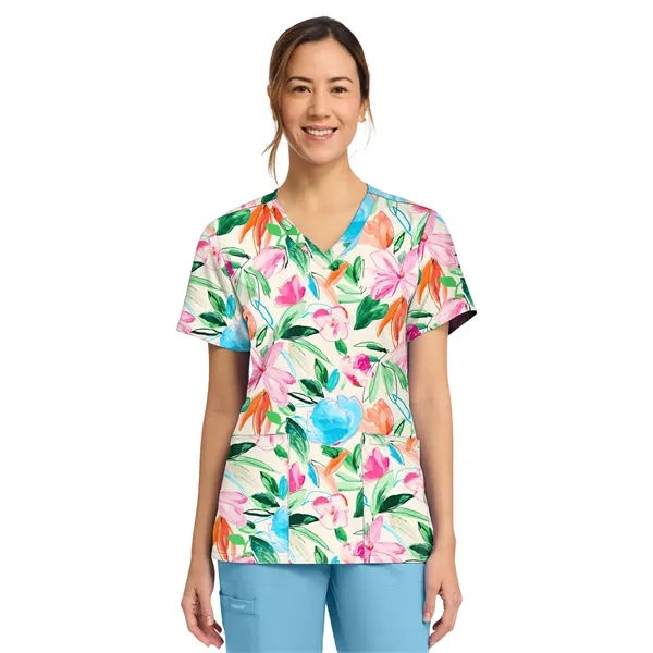Cherokee - Genuine - Women's 2-Pocket Print V-Neck Scrub Top... from ASI 86018 Scrub Authority