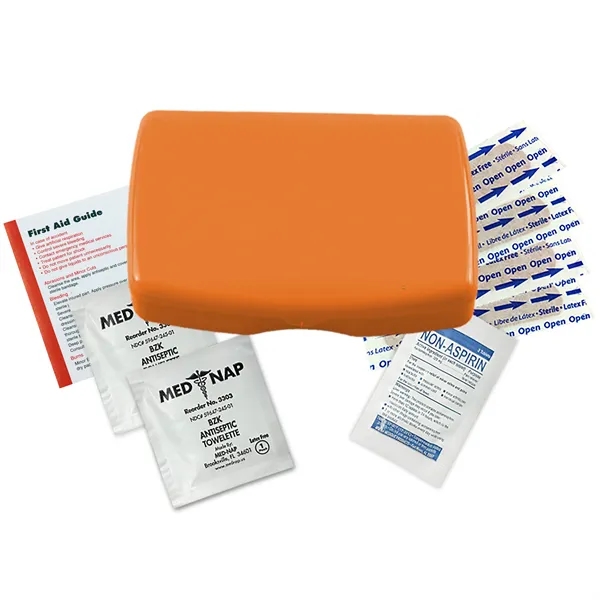 First aid kit in a durable living hinge box with non-aspirin... from ASI 40480 Koozie Group