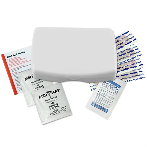 First aid kit in a durable living hinge box with non-aspirin... from ASI 40480 Koozie Group