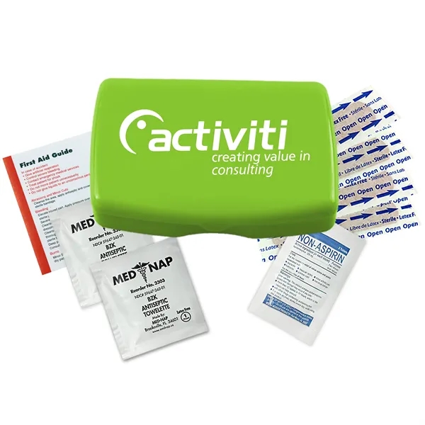 First aid kit in a durable living hinge box with non-aspirin... from ASI 40480 Koozie Group