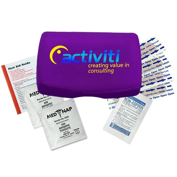 First aid kit in a durable living hinge box with non-aspirin... from ASI 40480 Koozie Group