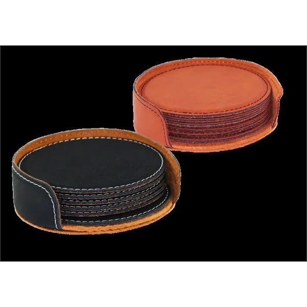 3 3/4" round leatherette coaster set of 6 with holder.... from ASI 55450 Franmara Inc