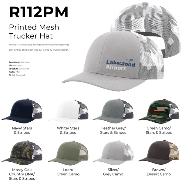 Richardson #112PM snapback six-panel cotton and polyester trucker cap with plastic... from ASI 74601 Calico