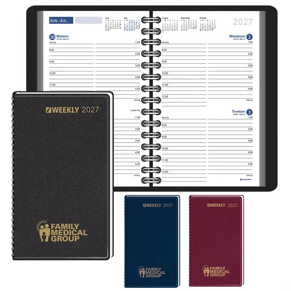 Two-day spread planner with ruled lines and wired binding... from ASI 61966 HPG / Beacon Promotions HPG Gold
