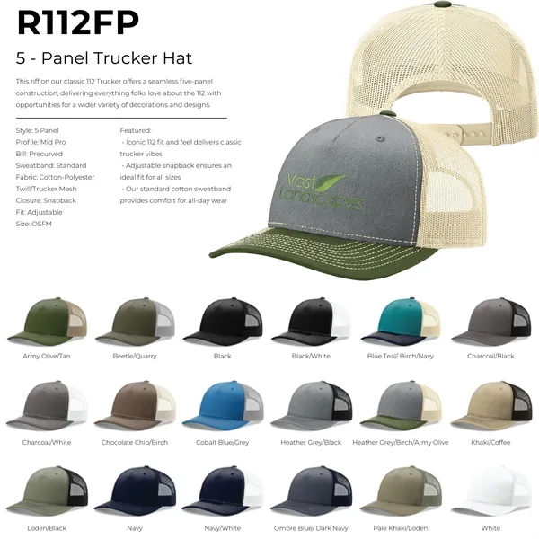 Richardson 112FP snapback cotton and polyester five-panel cap with leatherette patch... from ASI 74601 Calico