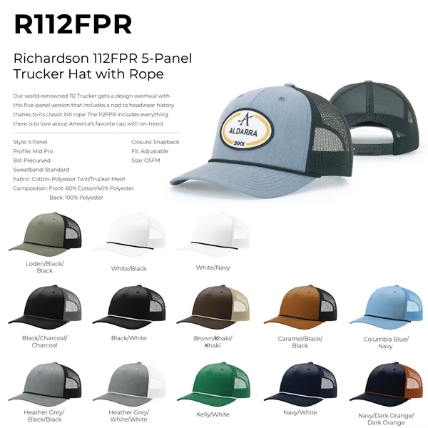 Richardson 112FPR snapback five-panel cotton and polyester trucker cap with leatherette... from ASI 74601 Calico