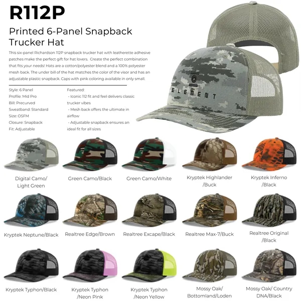 Six-panel Richardson 112P snapback polyester and cotton snapback trucker cap.... from ASI 74601 Calico