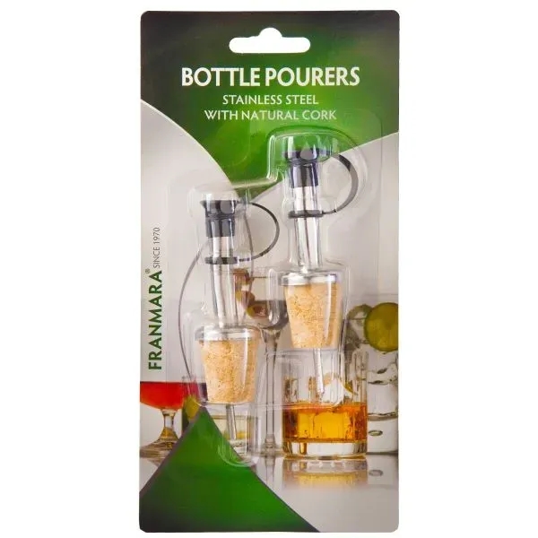 Two bottle pourers on card, stainless steel with agglomerate natural cork.... from ASI 55450 Franmara Inc