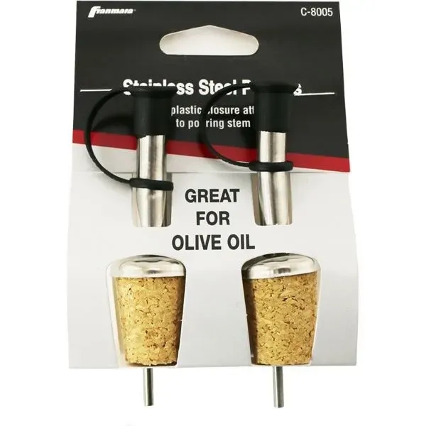 Two bottle pourers on card, stainless steel with agglomerate natural cork.... from ASI 55450 Franmara Inc