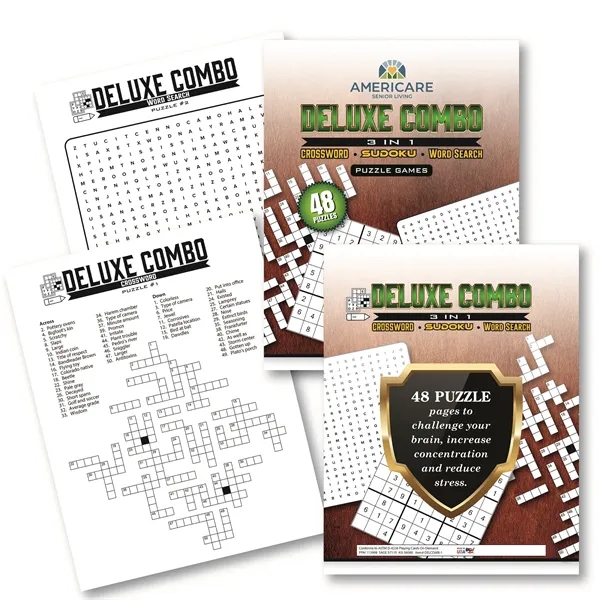 This 32 page 3-1 Deluxe Combo Puzzle Book is USA printed... from ASI 56080 Playing Cards On Demand