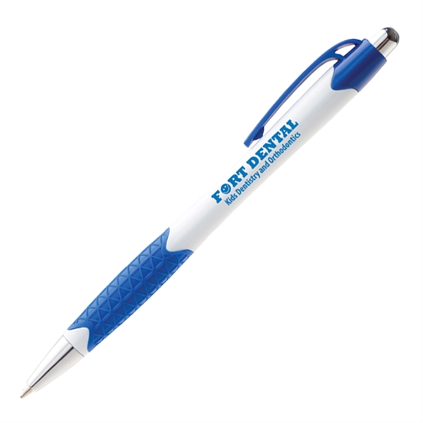White barrel retractable pen with bold colored textured rubber grips.... from ASI 68850 Markon Pen & Pencil Inc
