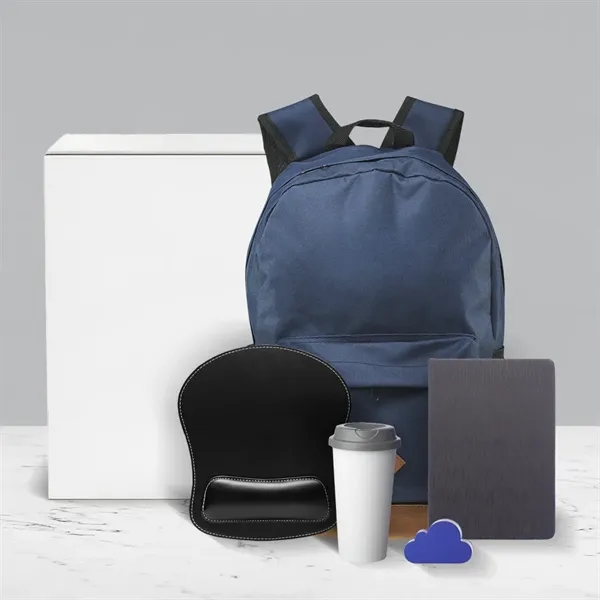 Work-from-home kit with notebook, mouse pad, travel mug, backpack, stress ball,... from ASI 39552 BEL Promo