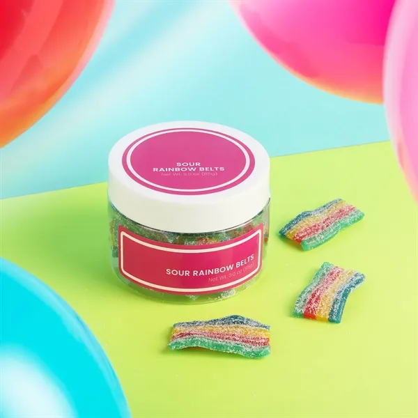 3 oz small jar of sour rainbow belt gummies.... from ASI 61966 HPG / SugarSpot