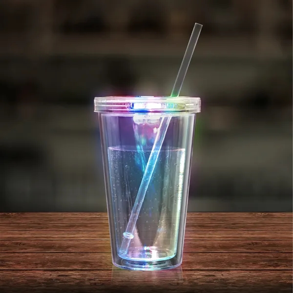 Clear plastic, double-walled travel cup with lid, straw and built-in LED... from ASI 42016 Brighter Promotions Inc