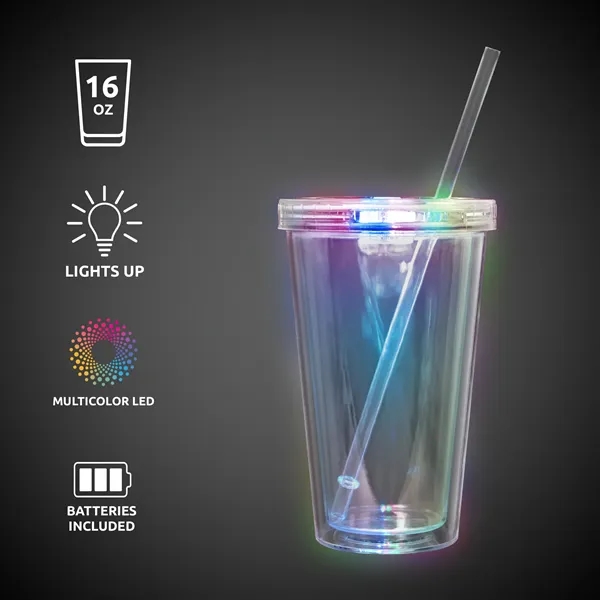 Clear plastic, double-walled travel cup with lid, straw and built-in LED... from ASI 42016 Brighter Promotions Inc
