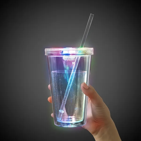 Clear plastic, double-walled travel cup with lid, straw and built-in LED... from ASI 42016 Brighter Promotions Inc