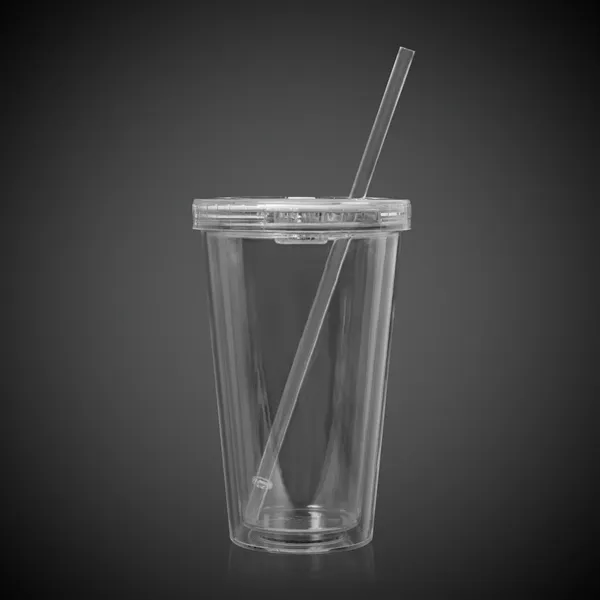 Clear plastic, double-walled travel cup with lid, straw and built-in LED... from ASI 42016 Brighter Promotions Inc