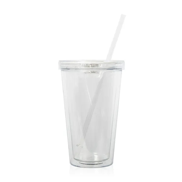 Clear plastic, double-walled travel cup with lid, straw and built-in LED... from ASI 42016 Brighter Promotions Inc