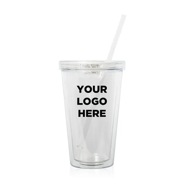 Clear plastic, double-walled travel cup with lid, straw and built-in LED... from ASI 42016 Brighter Promotions Inc