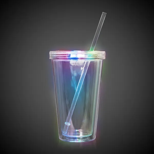 Clear plastic, double-walled travel cup with lid, straw and built-in LED... from ASI 42016 Brighter Promotions Inc