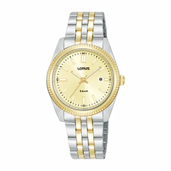 Two-tone gold and stainless steel watch with coin edge bezel available... from ASI 86230 Selco