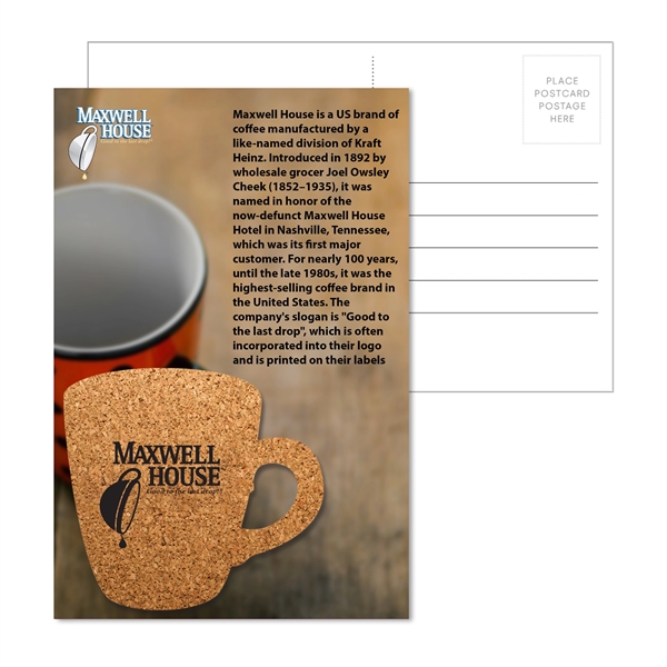 Customizable 6" x 4" full-color postcard with coffee cup-shaped cork coaster... from ASI 90807 Tekweld