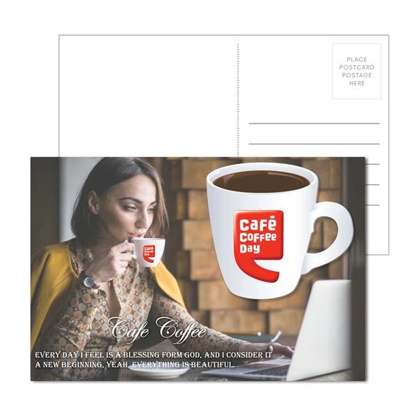 6" x 4" full-color direct mail postcard with 3.75" coffee cup-shaped... from ASI 90807 Tekweld