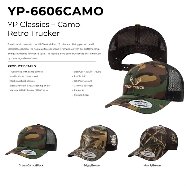 Yupoong 6606CA YP Classics Camo Retro Trucker Hat with leatherette patches... from ASI 74601 Calico