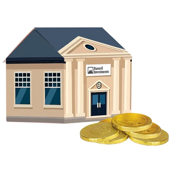 House shaped box filled with Gold Chocolate Coins... from ASI 71685 Midnite Snax®