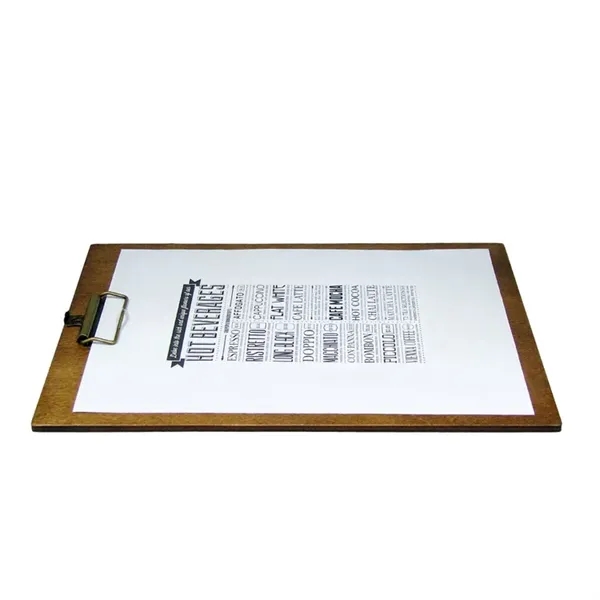 Wood menu holder with elastic bands and logo space.... from ASI 88156 Solid Dimensions Inc
