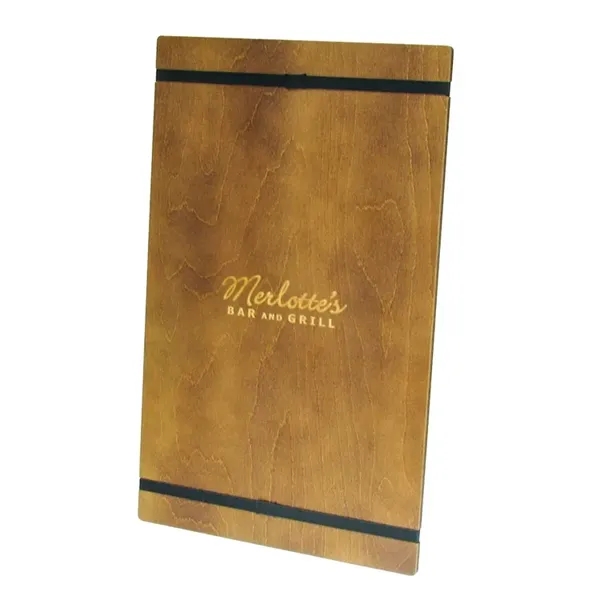 Wood menu holder with elastic bands and logo space.... from ASI 88156 Solid Dimensions Inc
