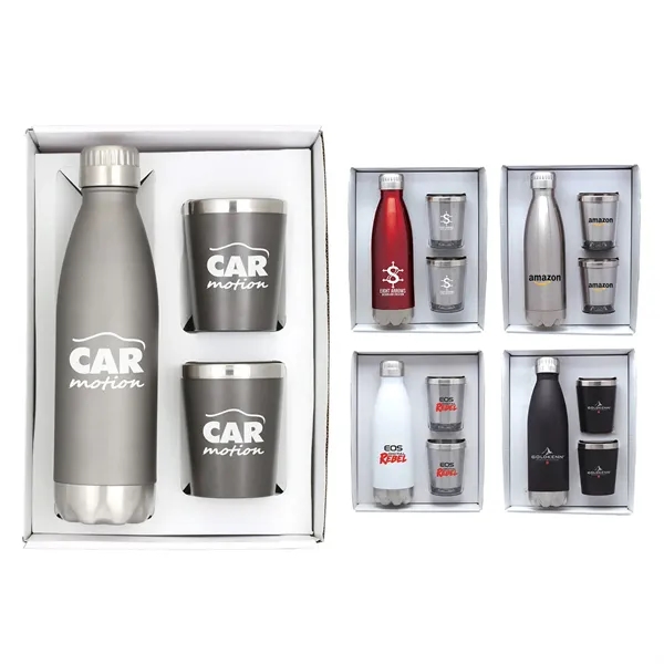 Double-wall 18/8 steel water bottle with two cocktail tumblers in a... from ASI 46755 Cosmo Promos