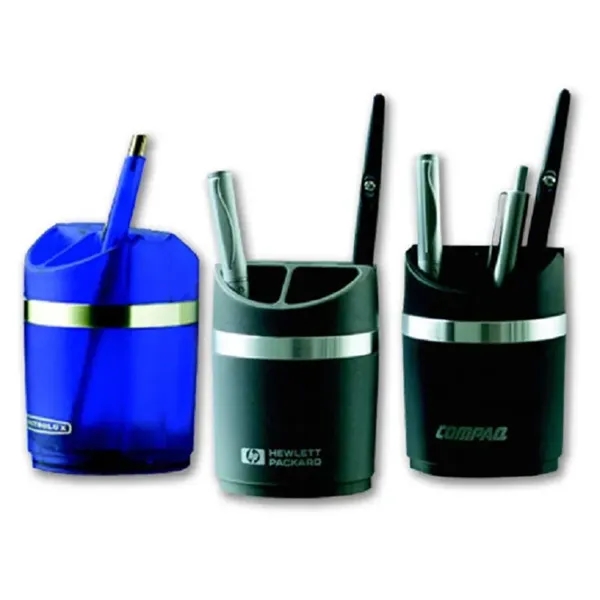 Desk caddy with pen and silver metal ring design.... from ASI 88156 Solid Dimensions Inc