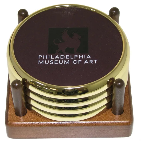 Metal 4 coaster set in wood holder.... from ASI 88156 Solid Dimensions Inc / Solid Dimensions Line