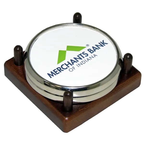 Metal and leather 2 coaster set in a wood holder.... from ASI 88156 Solid Dimensions Inc / Solid Dimensions Line