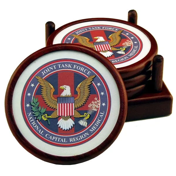 Round wood 4 coaster set with wood holder.... from ASI 88156 Solid Dimensions Inc / Solid Dimensions Line