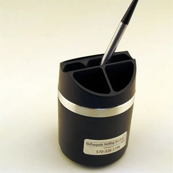 Desk caddy with pen and silver metal ring design.... from ASI 88156 Solid Dimensions Inc