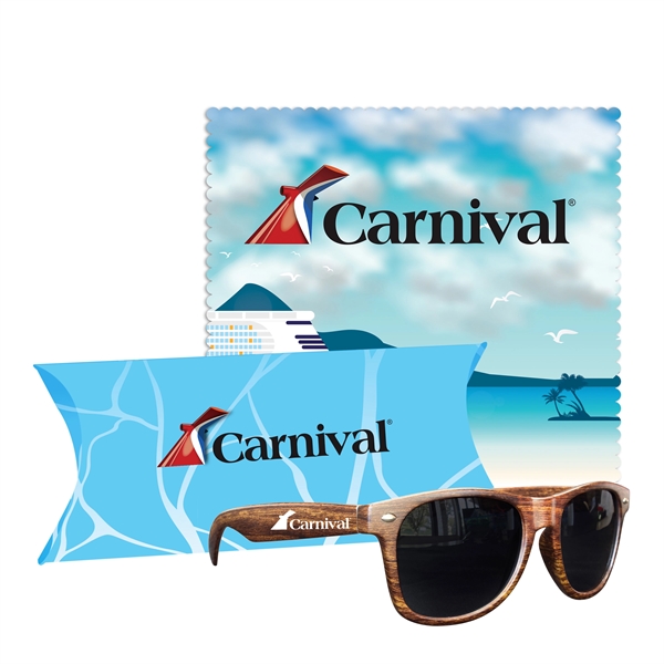 Customizable wood-tone fashion sunglasses and microfiber cloth in a polypropylene pillow... from ASI 90807 Tekweld