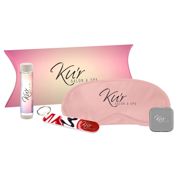 Customizable pillow-style spa pouch with eye mask, lip balm, full-color nail... from ASI 90807 Tekweld