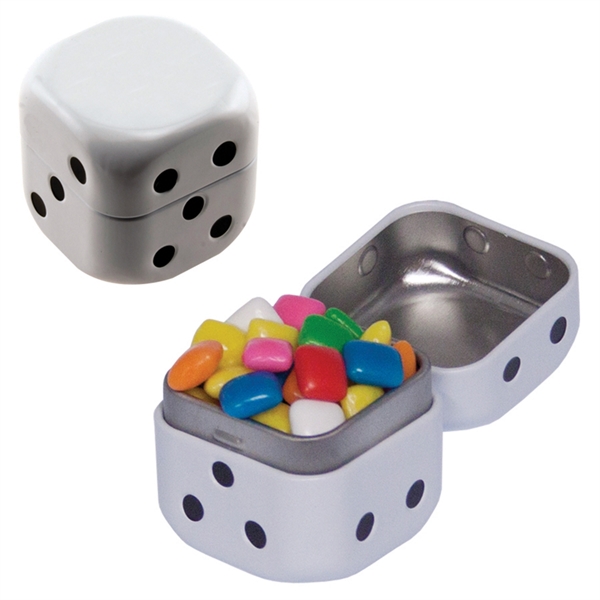 Dice-shaped tin filled with your choice of mints, candy or gum... from ASI 61125 Hit Promotional Products