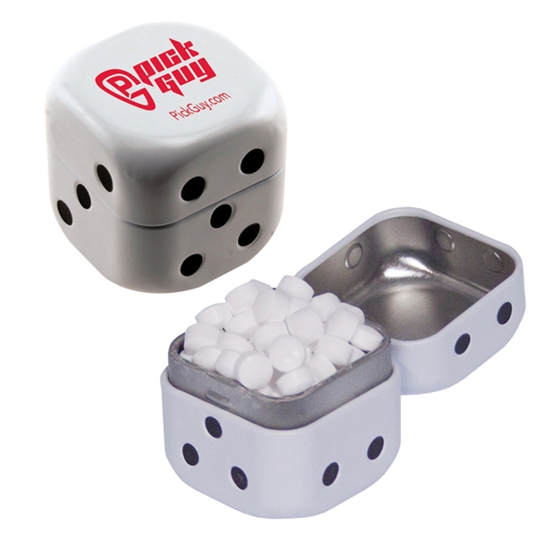 Dice-shaped tin filled with your choice of mints, candy or gum... from ASI 61125 Hit Promotional Products