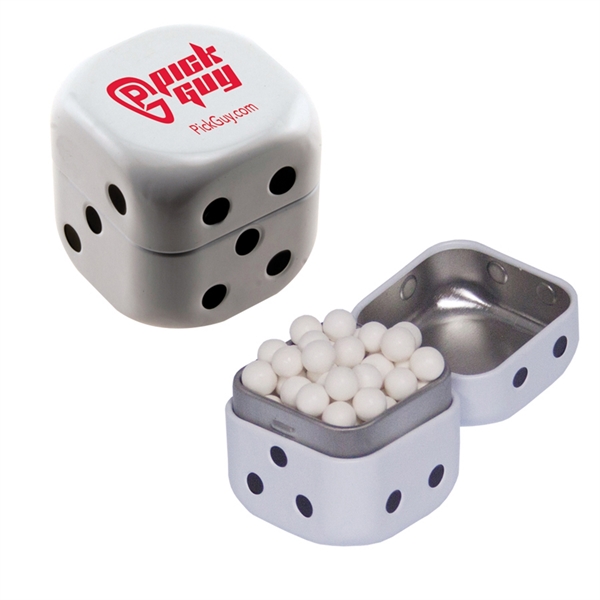 Dice-shaped tin filled with your choice of mints, candy or gum... from ASI 61125 Hit Promotional Products
