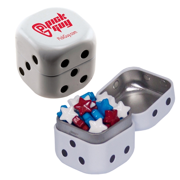 Dice-shaped tin filled with your choice of mints, candy or gum... from ASI 61125 Hit Promotional Products