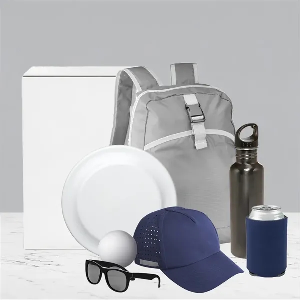 Outdoor essentials kit with sunglasses, hat, water bottle, frisbee, stress ball,... from ASI 39552 BEL Promo