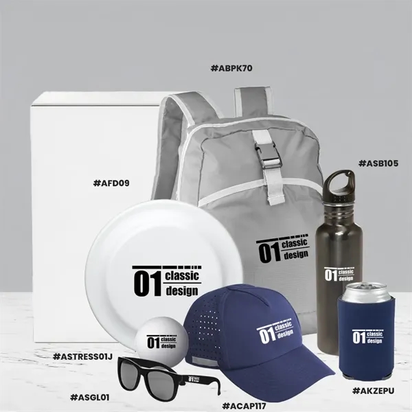 Outdoor essentials kit with sunglasses, hat, water bottle, frisbee, stress ball,... from ASI 39552 BEL Promo