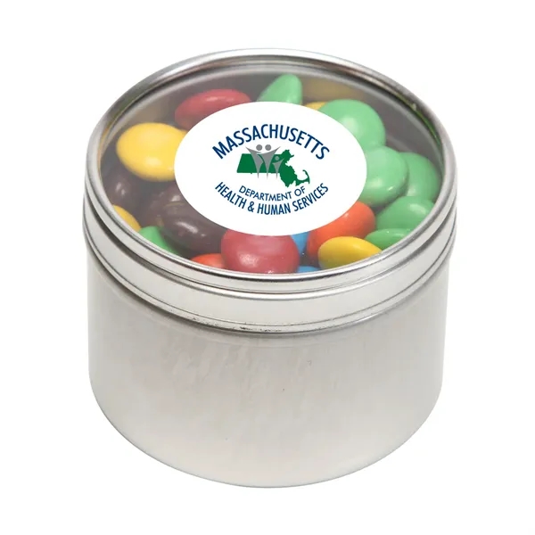 Plain M&Ms® packed inside a small round window tin with customization... from ASI 68507 The Magnet Group / The 1919 Candy Company