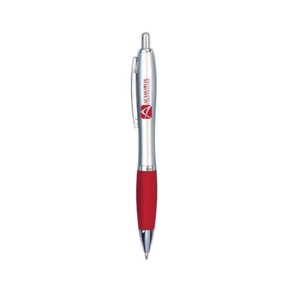 Plastic click-action curved pen with silver barrel, chrome accents and grip... from ASI 30442 Above & Beyond Advertising Products / PromoAdLine