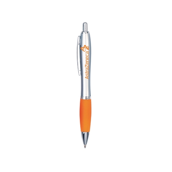 Plastic click-action curved pen with silver barrel, chrome accents and grip... from ASI 30442 Above & Beyond Advertising Products / PromoAdLine