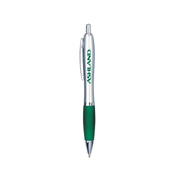 Plastic click-action curved pen with silver barrel, chrome accents and grip... from ASI 30442 Above & Beyond Advertising Products / PromoAdLine